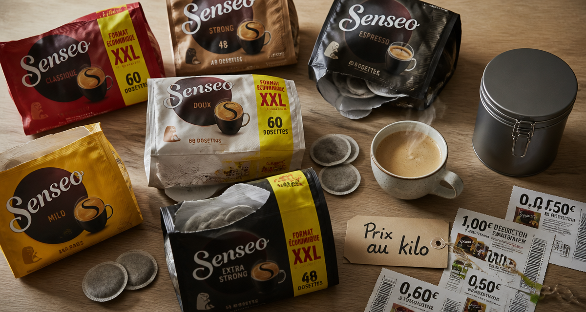 senseo dosette prix sur table avec paquets et tasse
