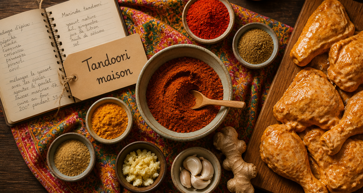 mélange tandoori epices et marinade sur plan de travail