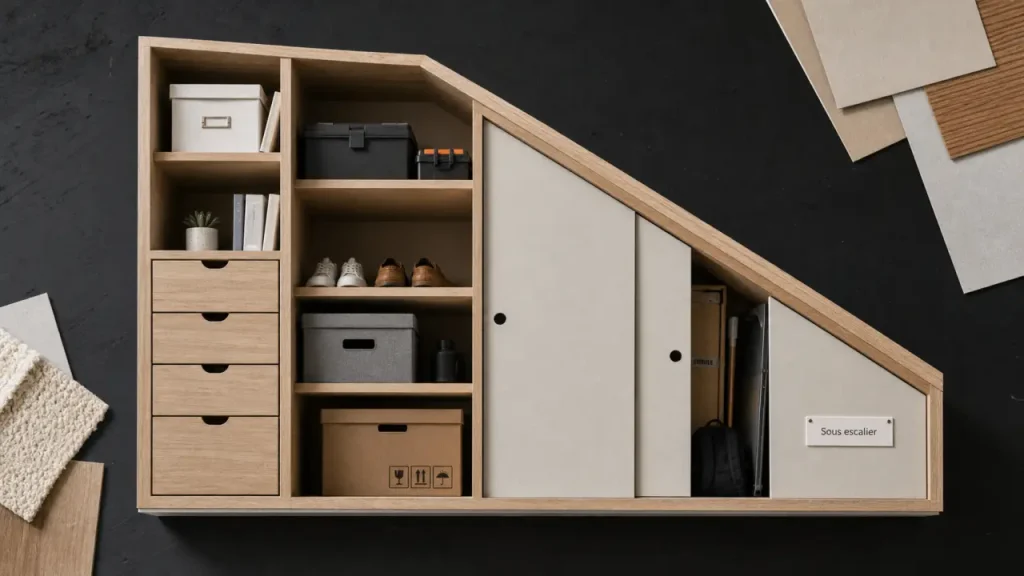 Sous l’escalier, un vide perdu ou un rangement utile : portes, tiroirs et sur-mesure