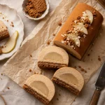 Bûche poire speculoos, tranches, poire et speculoos sur assiette