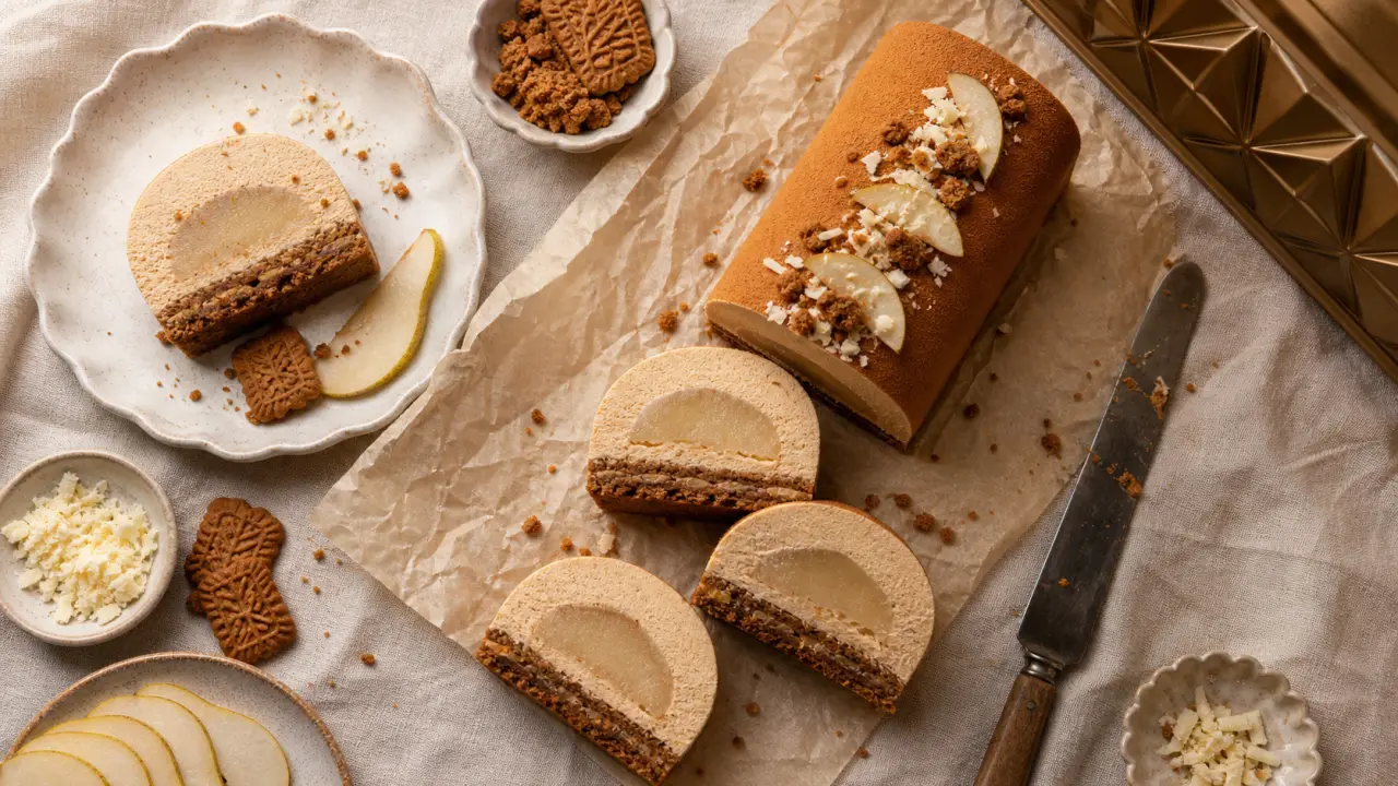 Bûche poire speculoos, tranches, poire et speculoos sur assiette
