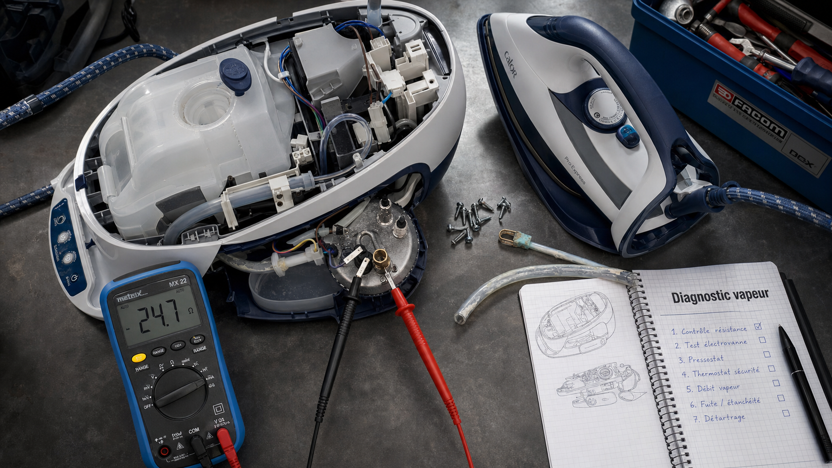 Diagnostic panne centrale vapeur : test au multimètre sur centrale ouverte