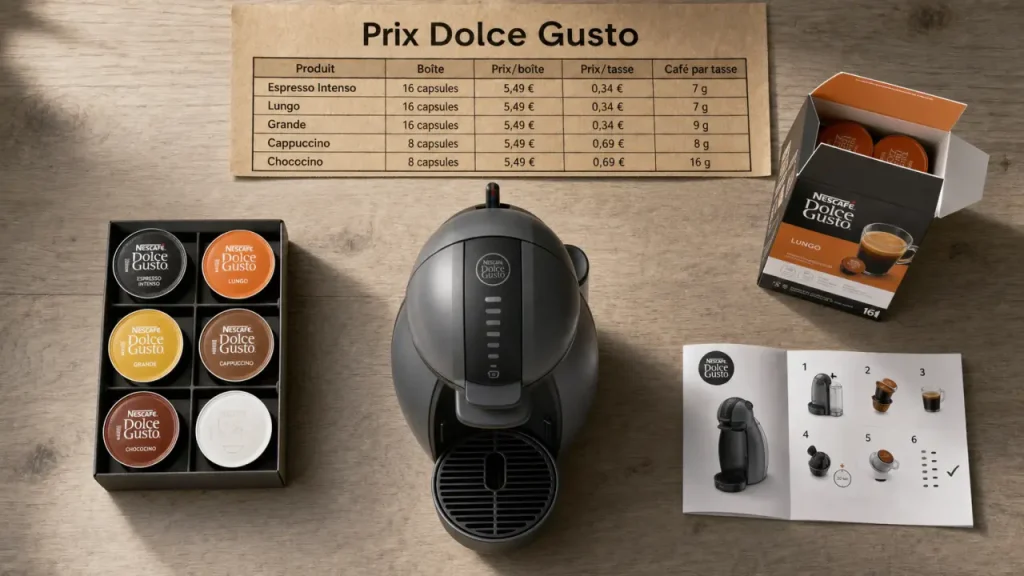 Dolce Gusto Krups prix : machine et capsules sur table en bois