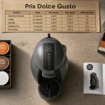 Dolce Gusto Krups prix : machine et capsules sur table en bois