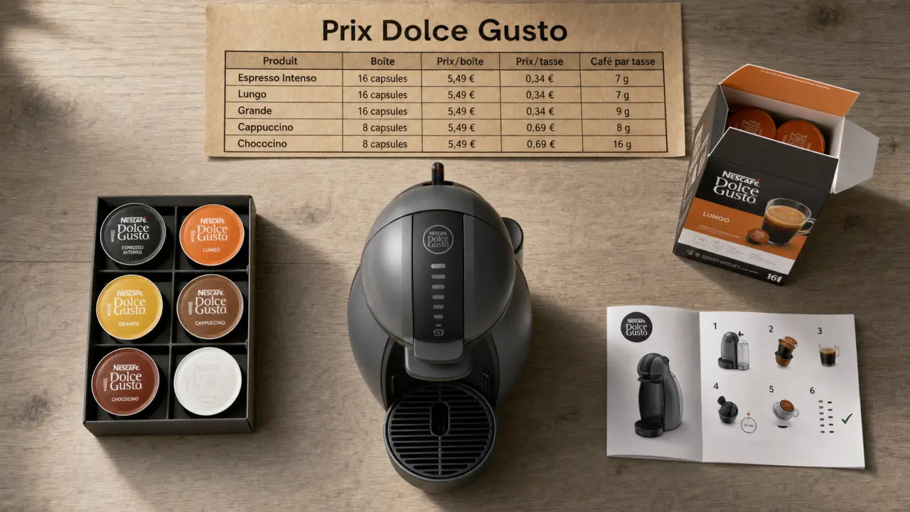 Dolce Gusto Krups prix : machine et capsules sur table en bois