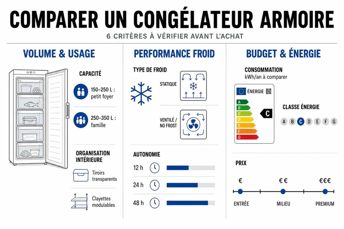 Comparatif congélateur armoire avec critères de choix, capacité, froid et consommation