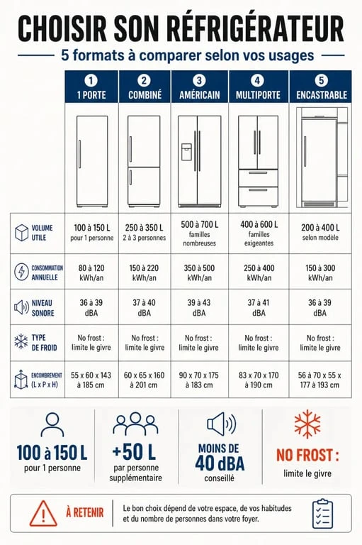 Quel frigo choisir : infographie comparative des types de réfrigérateurs et des critères de choix
