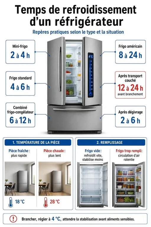 En combien de temps un frigo atteint sa température : infographie sur les délais selon le type de réfrigérateur