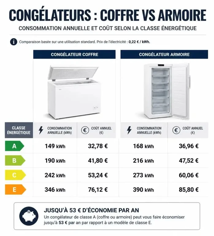 Infographie comparative de la consommation d'énergie d'un congélateur basse consommation