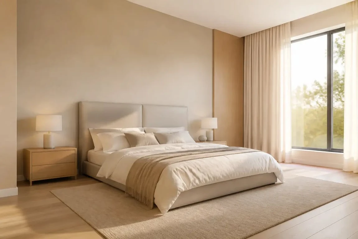 Déco chambre adulte chic dans une chambre élégante aux tons neutres et matières naturelles