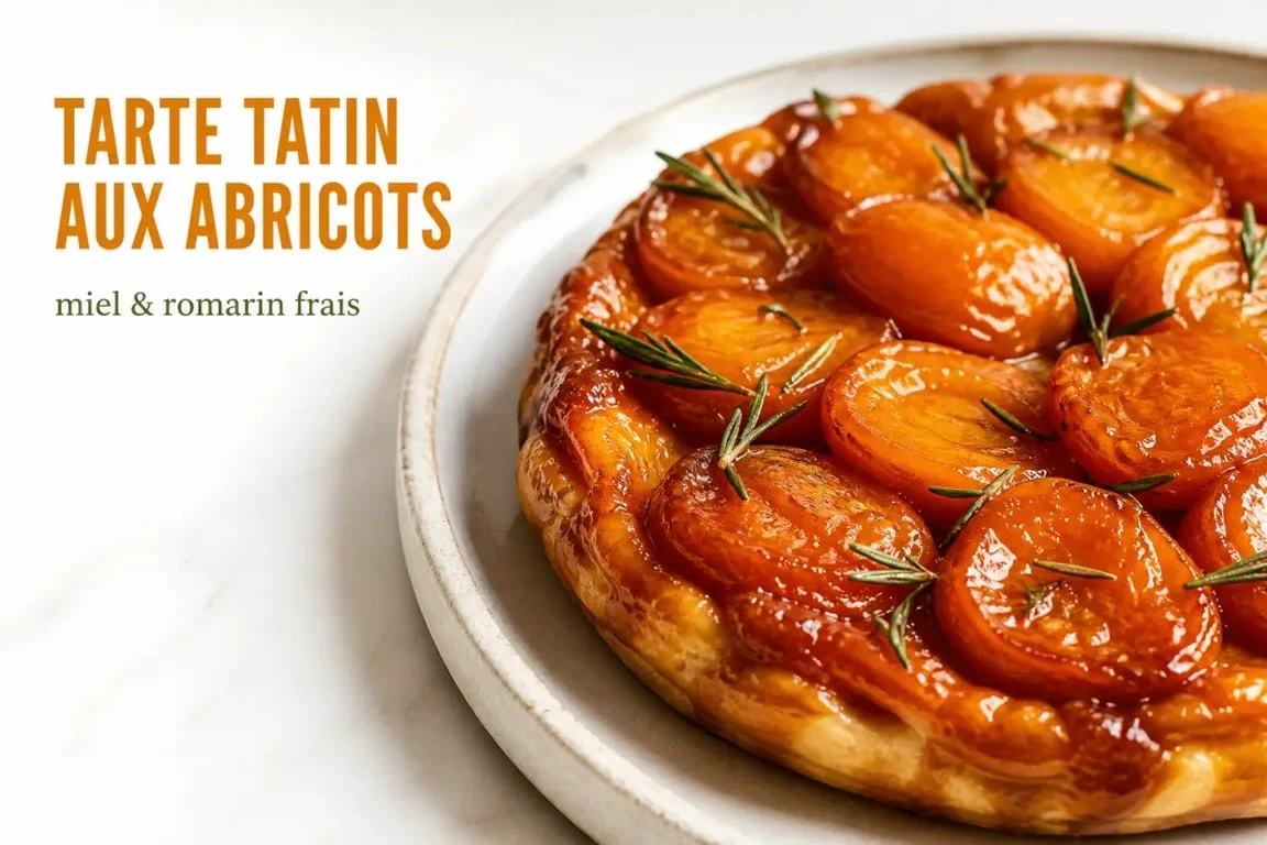 Tarte tatin aux abricots, miel et romarin, une recette estivale gourmande et parfumée.