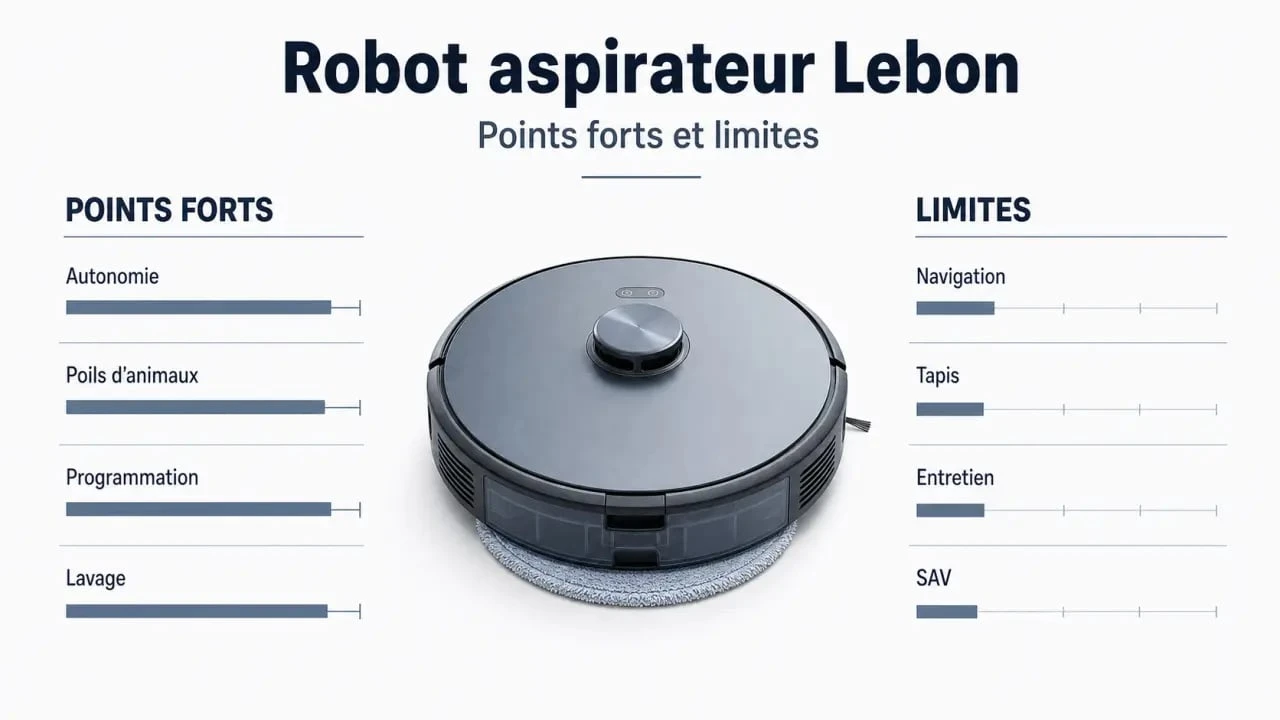 Avis robot aspirateur Lebon : synthèse visuelle des points forts, limites et comparaison avec les concurrents