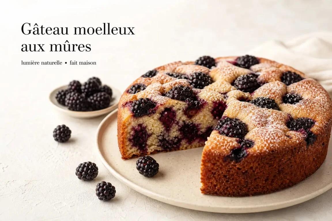 Gâteau à la mûre moelleux garni de mûres fraîches sur une assiette blanche