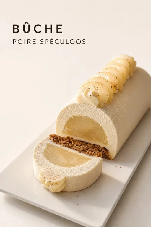 Recette bûche poire spéculoos dressée sur une assiette festive avec découpe visible
