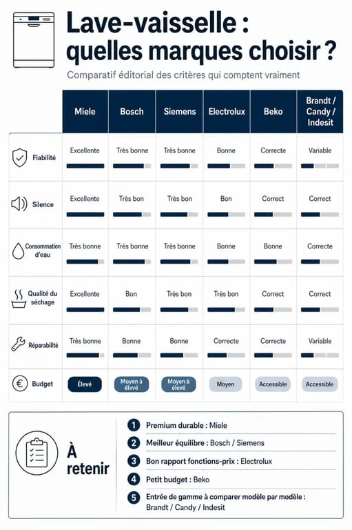 Lave vaisselle quelle marque : infographie comparative des meilleures marques selon fiabilité, silence, consommation et budget