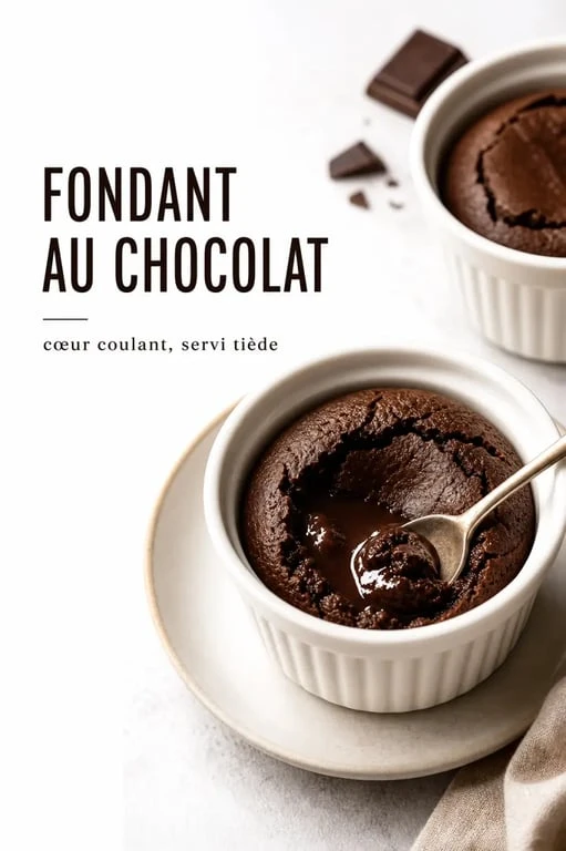 Fondants chocolat individuel servis tièdes dans des ramequins, cœur coulant visible