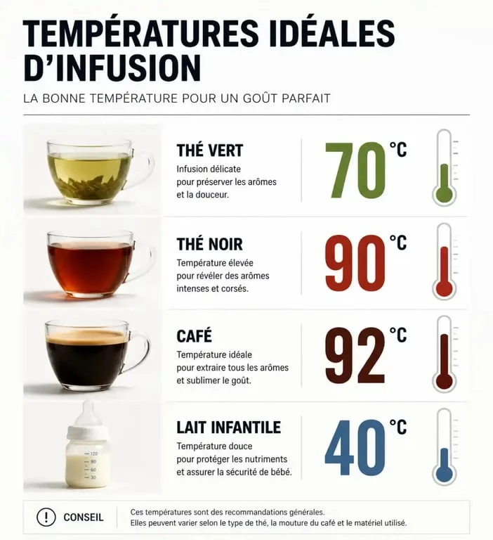 Infographie des températures idéales pour bouilloire à température réglable selon le type de boisson