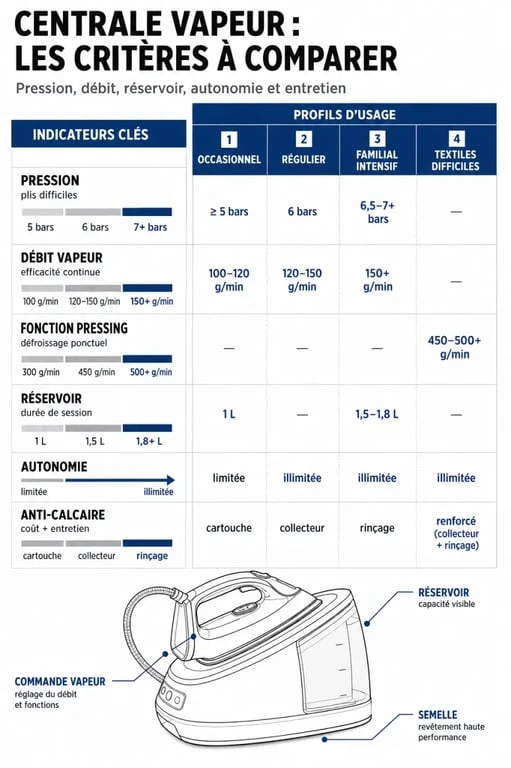 Comment choisir centrale vapeur : infographie comparative des critères essentiels comme la pression, le débit vapeur, le réservoir et l’autonomie