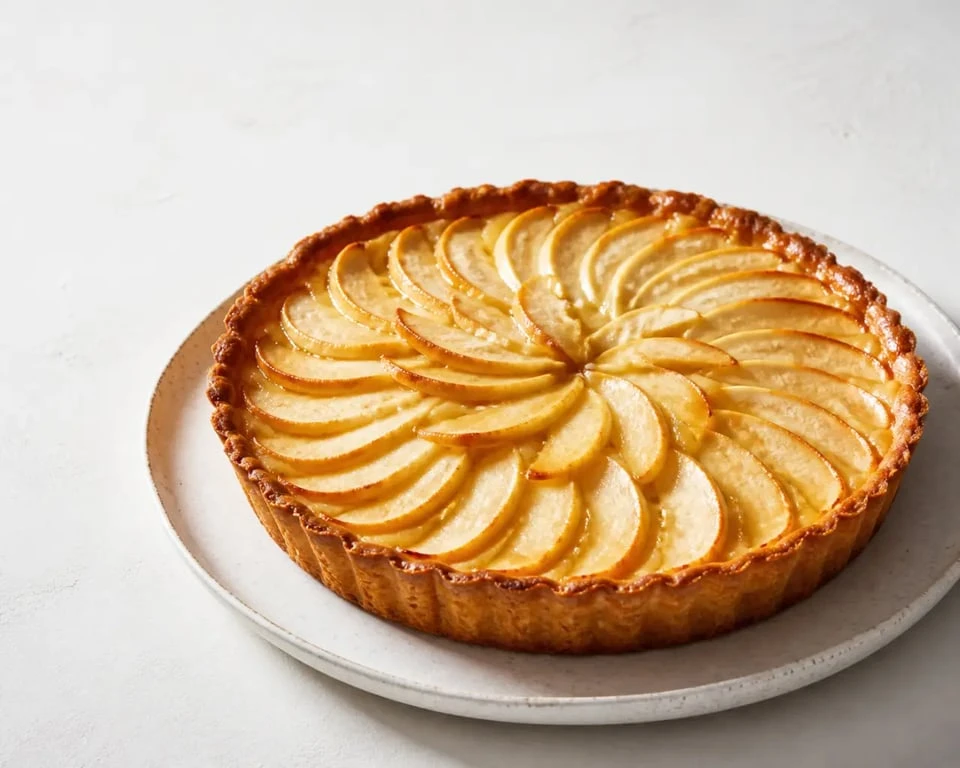 Recette pâte brisée tarte aux pommes servie sur assiette blanche avec pommes dorées