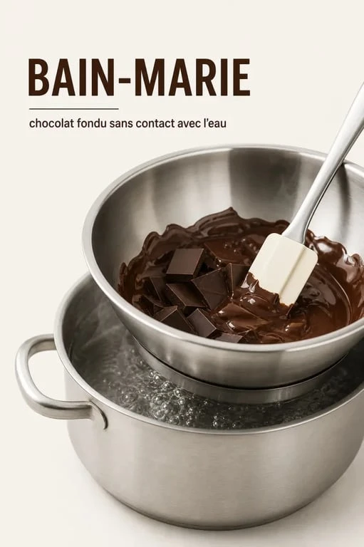 Chocolat au bain marie : bol de chocolat fondu au-dessus d'une casserole