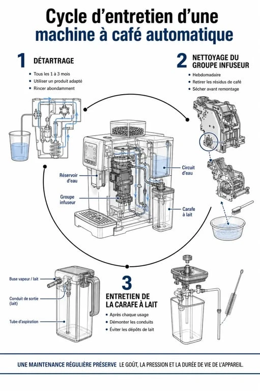 Infographie des étapes de nettoyage et détartrage pour machine à café Delonghi