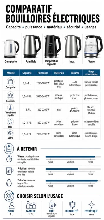 Comparatif bouilloire électrique avec critères de capacité, puissance, matériau et sécurité