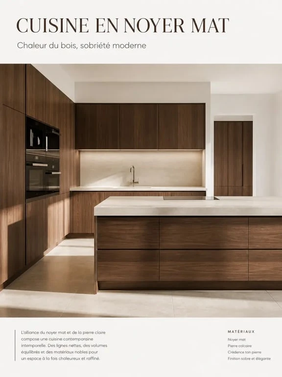 Cuisine noyer contemporaine en noyer mat avec plan de travail clair et ambiance haut de gamme