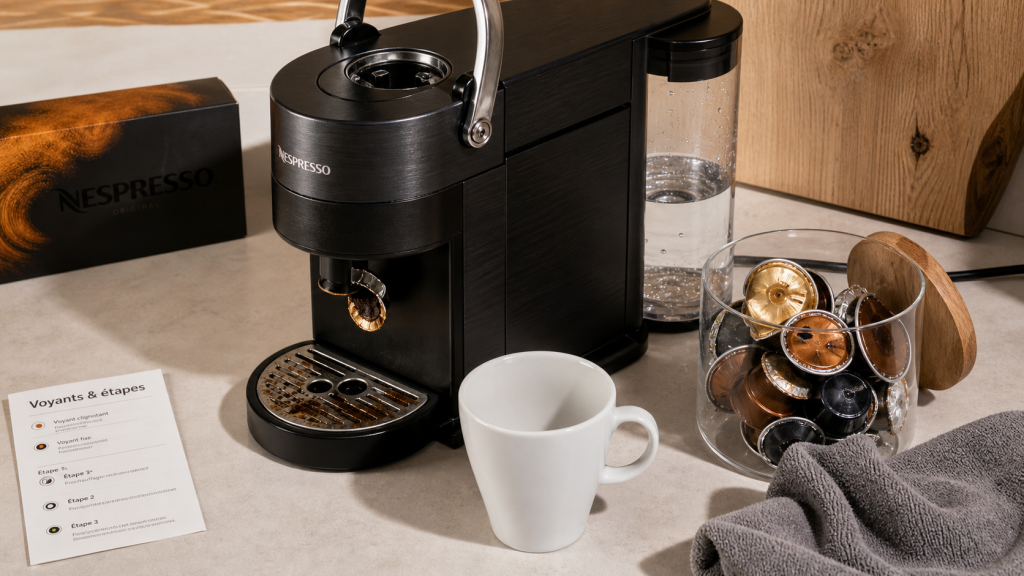 Fonctionnement Nespresso : capsule, voyants, détartrage, machine et bac gouttes