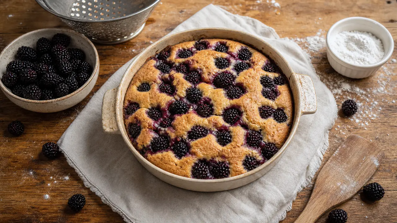 Gateau à la mure moelleux, mûres fraîches sur le dessus