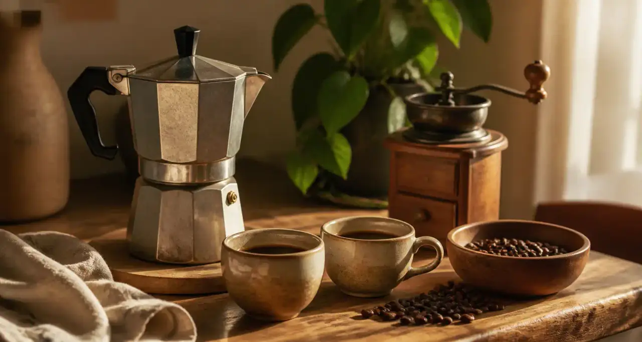Coin café à la maison : cafetière moka, tasses en céramique, moulin et grains de café dans une lumière du matin