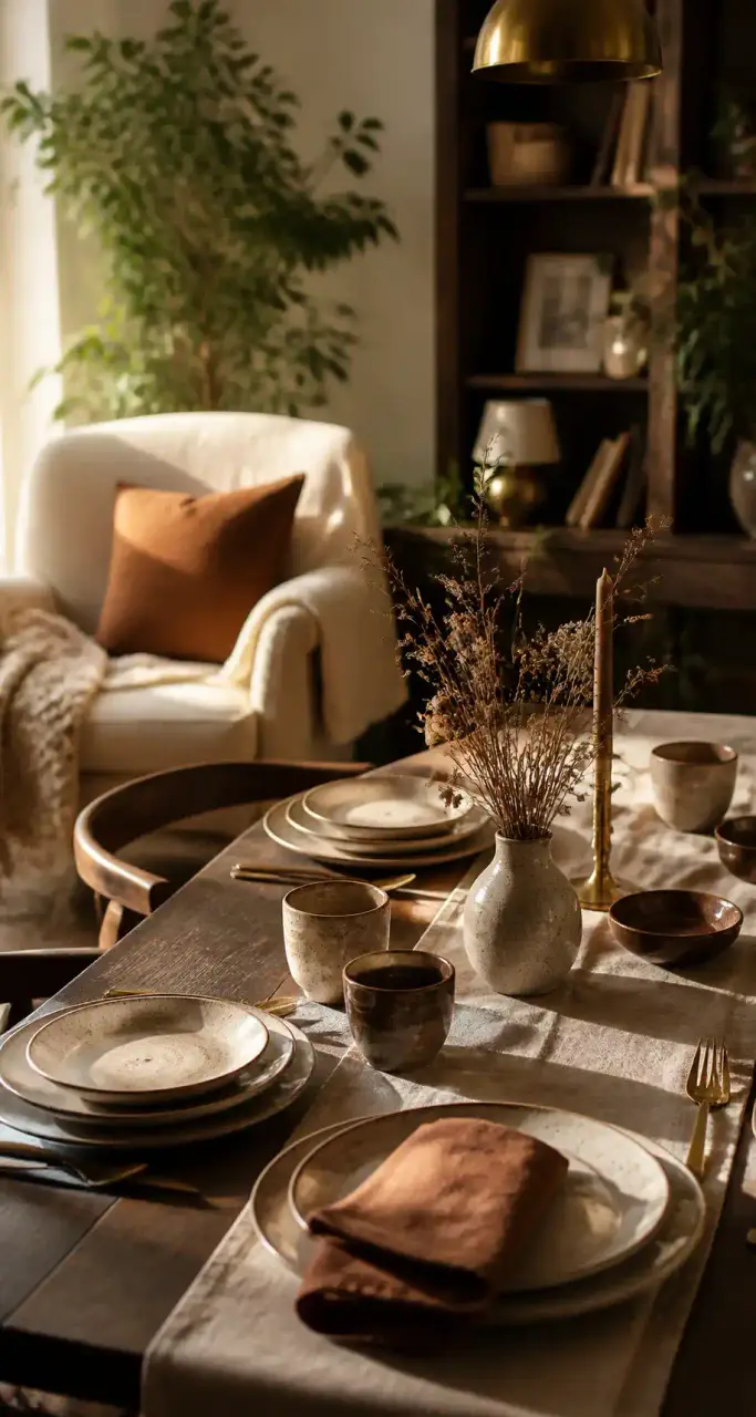 Coin repas chaleureux dressé pour recevoir, vaisselle en céramique et textiles doux