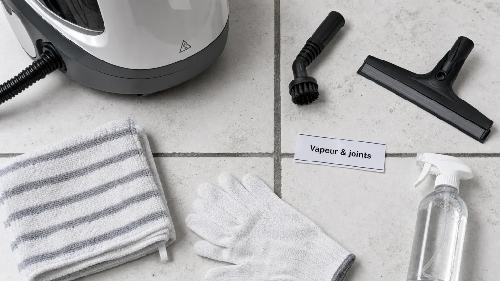 Nettoyeur vapeur avis : brosse joints et raclette vitres sur sol carrelé