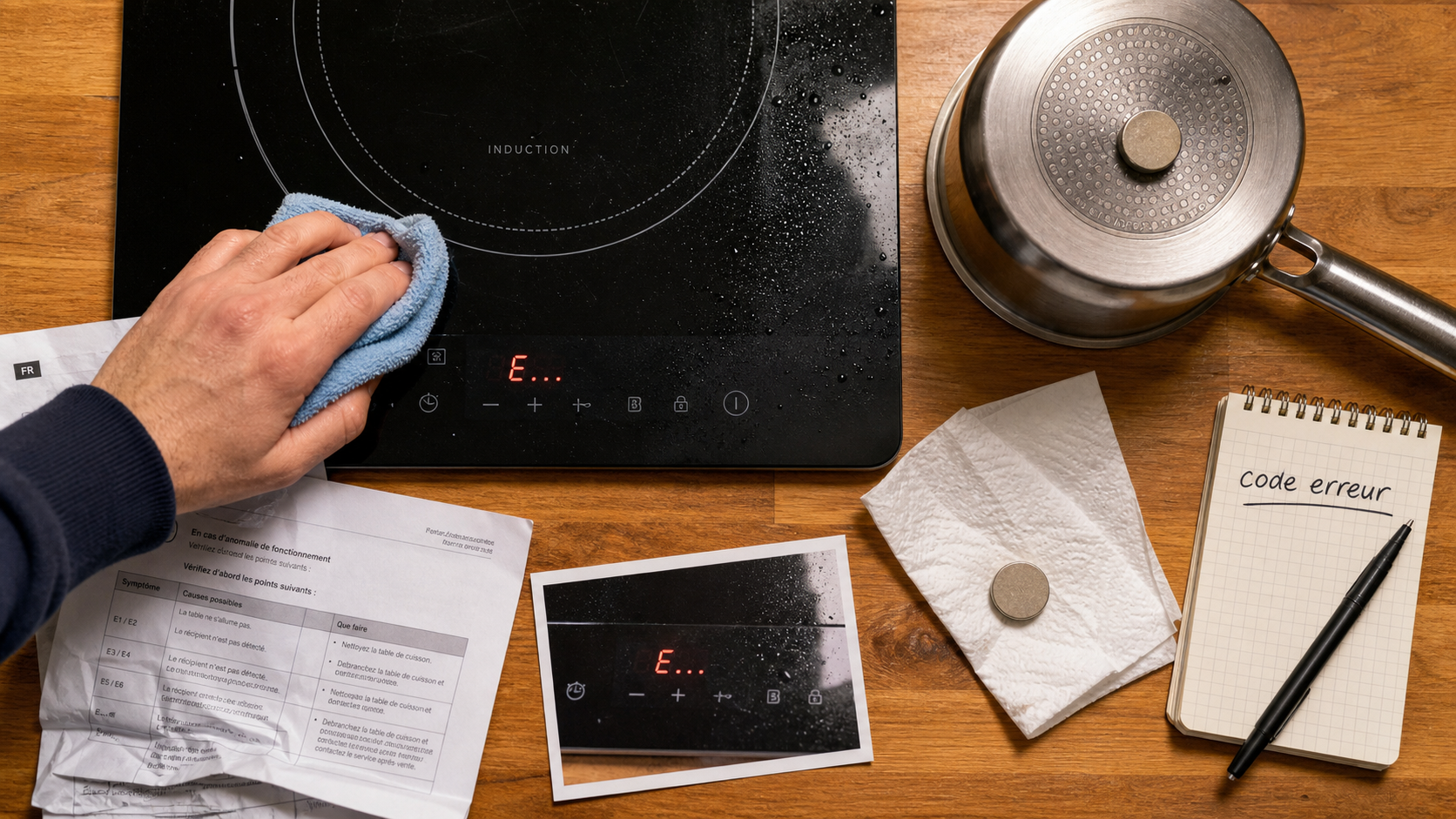 Panne plaque induction : écran affiche un code erreur, réinitialisation 30 secondes
