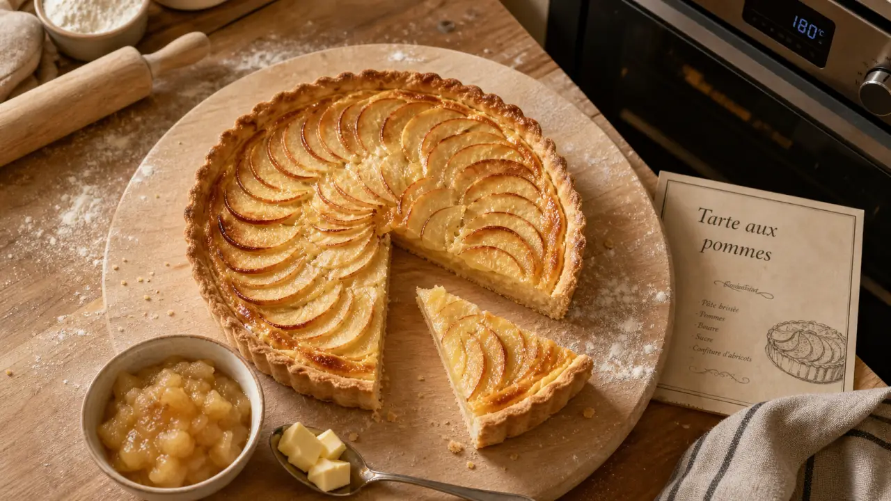 Pâte brisée tarte aux pommes, cuisson 200°C, lamelles et compote