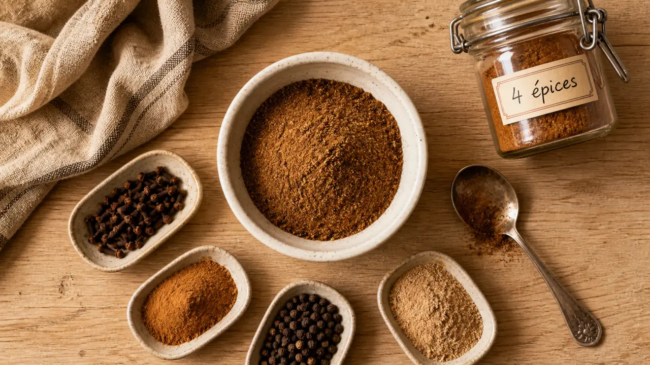 4 epices cannelle poivre muscade girofle en poudre