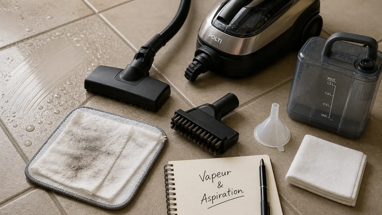 Aspirateur nettoyeur vapeur sur sol carrelé beige