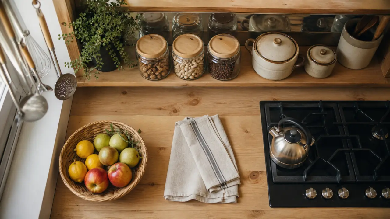 Cuisine deco bois métal miroir avec rangements visibles