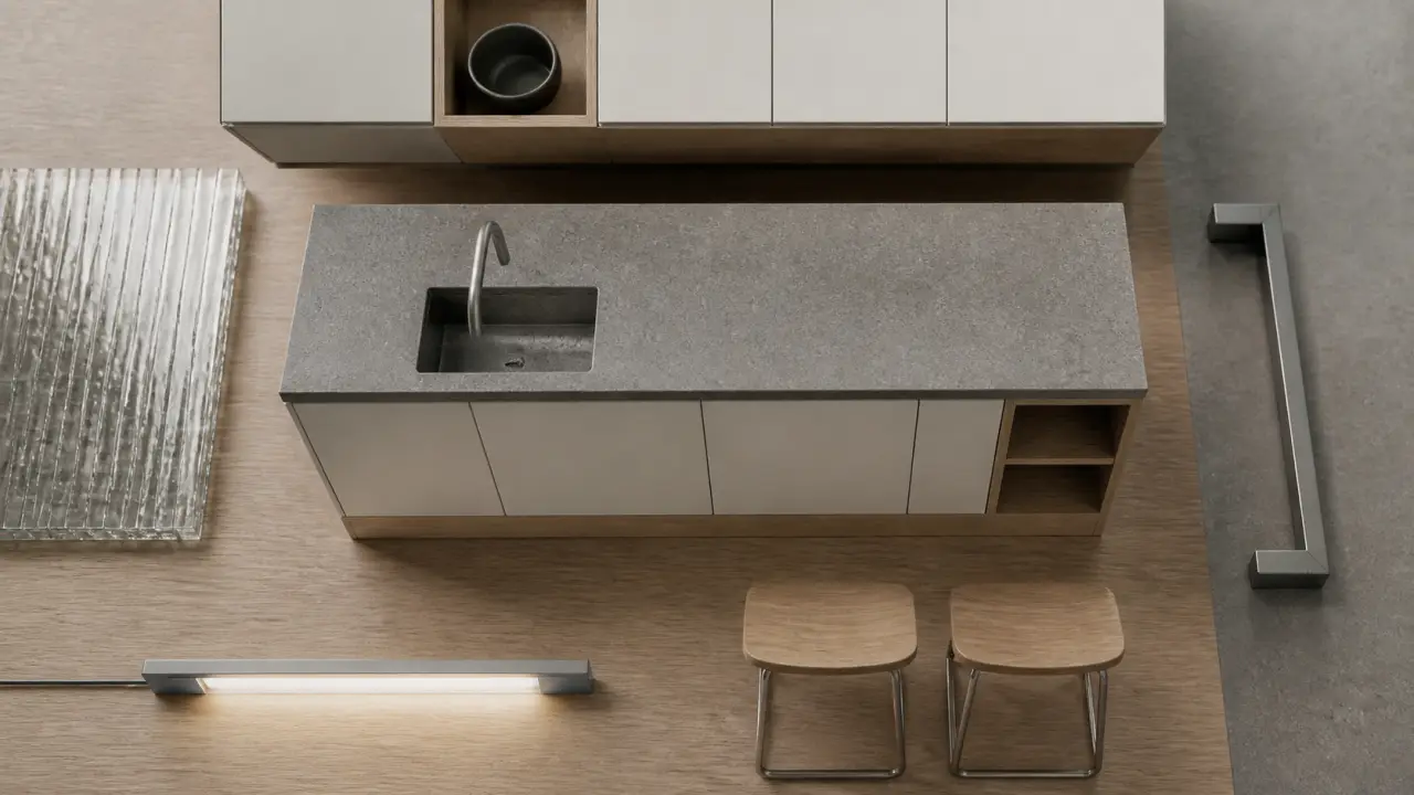 Cuisine moderne lumineuse : îlot en chêne clair et plan de travail pierre gris