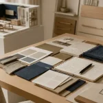 decorateur d interieur : studio lumineux, maquette 3D et échantillons de matériaux