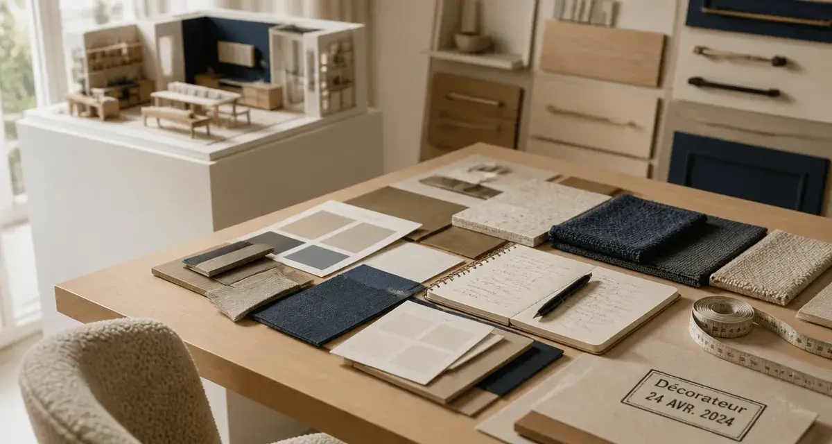 decorateur d interieur : studio lumineux, maquette 3D et échantillons de matériaux