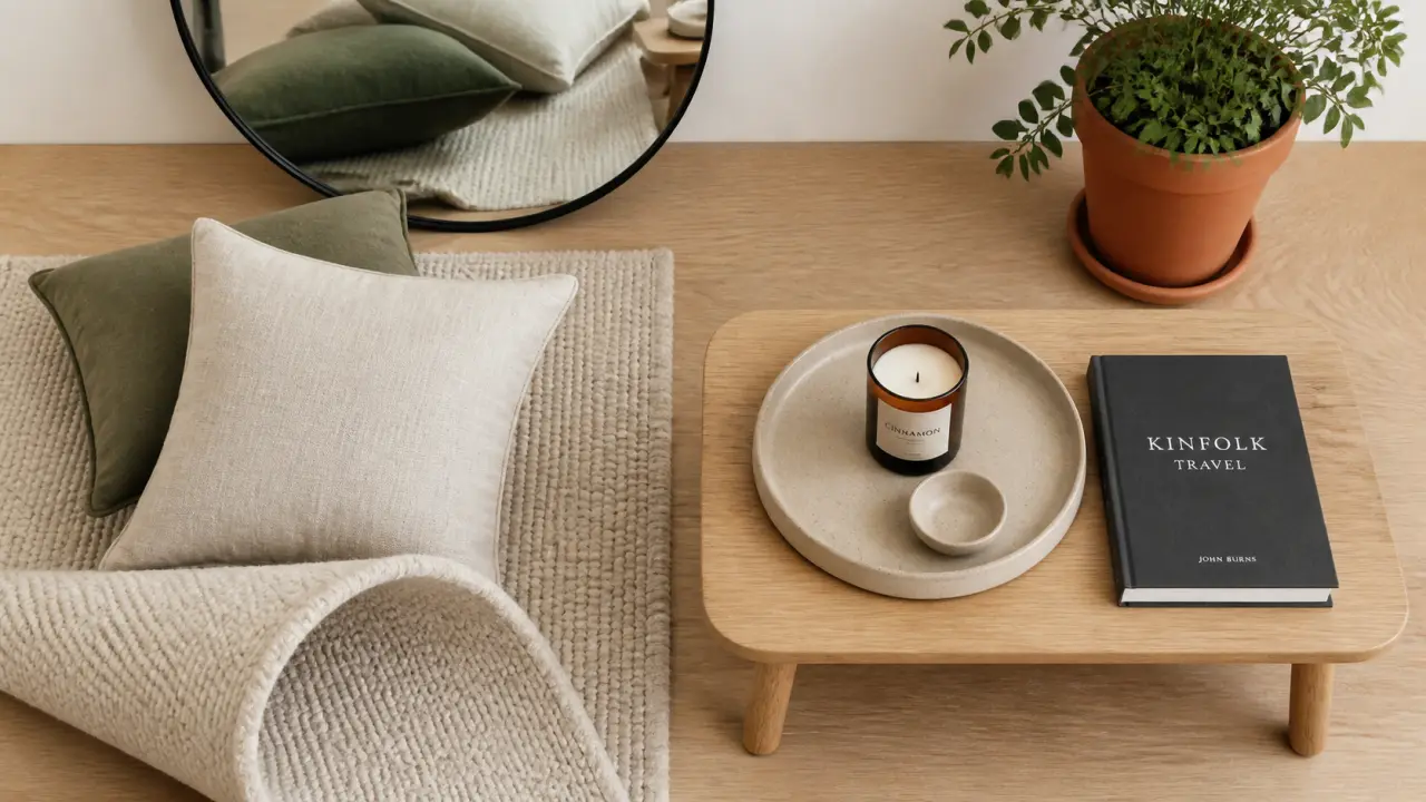 Decoration interieur : tapis en laine beige, coussins et miroir noir mat