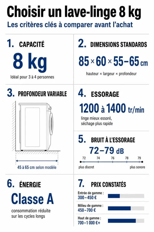 Comparatif visuel des critères d'achat d'un lave linge 8kg : dimensions, bruit, essorage, énergie et prix
