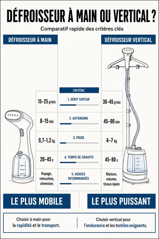 Infographie comparative pour choisir le meilleur defroisseur entre modèle à main et vertical