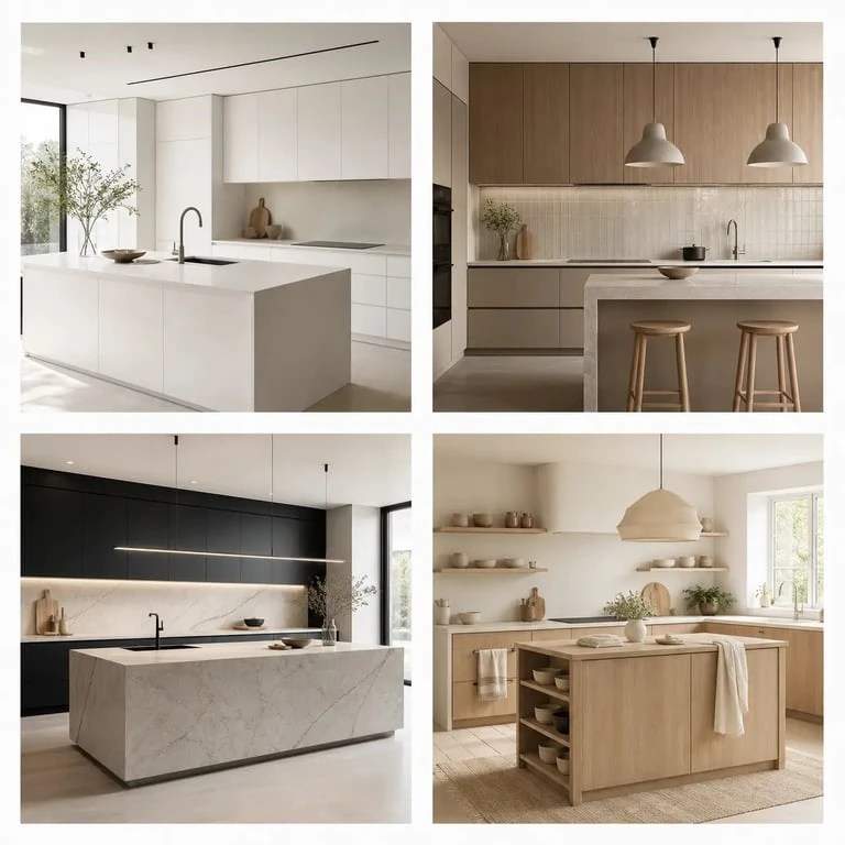 Cuisine moderne en comparaison visuelle de styles épuré, contemporain, design et scandinave
