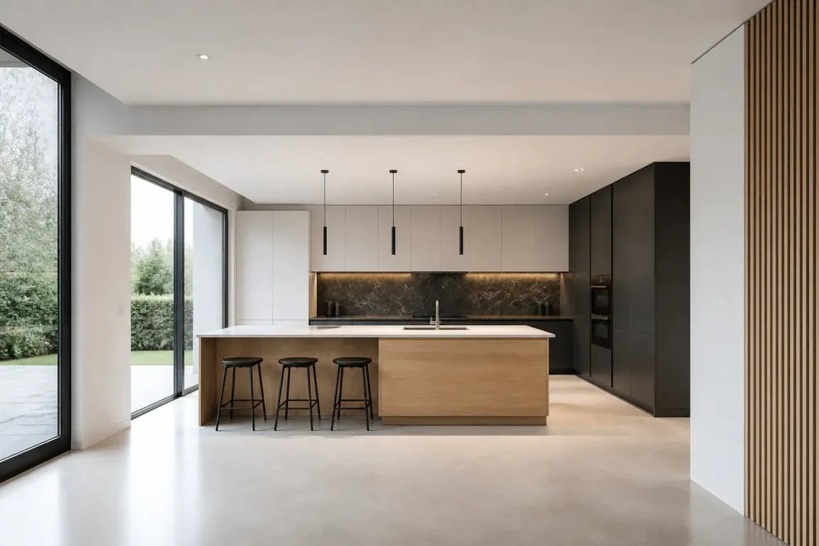 Cuisine moderne ouverte avec îlot central en bois clair et façades mates