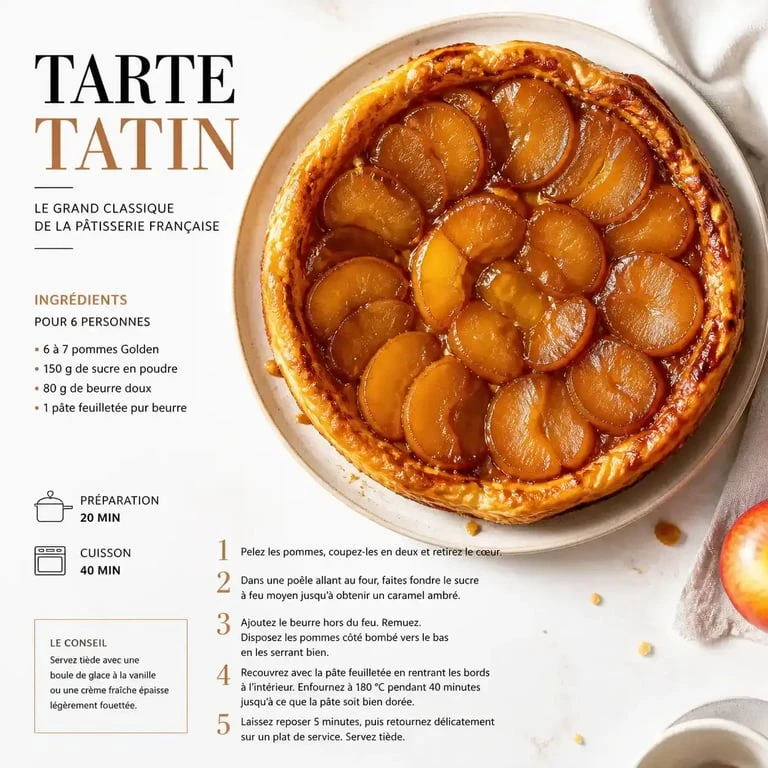 Tarte Tatin recette traditionnelle, vue du dessus, pommes caramélisées dorées et brillantes