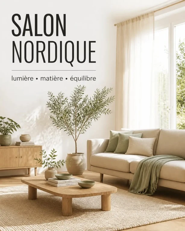 Décoration salon scandinave lumineux avec canapé beige et bois clair