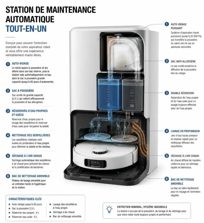 Fonctionnement de la station de maintenance pour meilleur aspirateur robot laveur