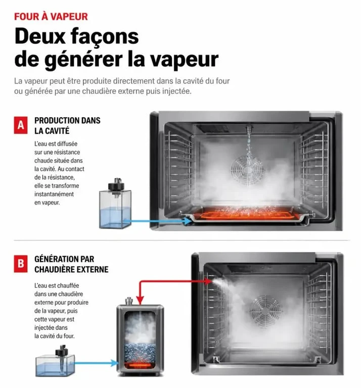 Schéma du fonctionnement d’un four à vapeur avec génération interne et chaudière externe