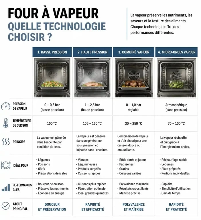 Comparatif four à vapeur des quatre technologies : basse pression, haute pression, combiné et micro-ondes vapeur